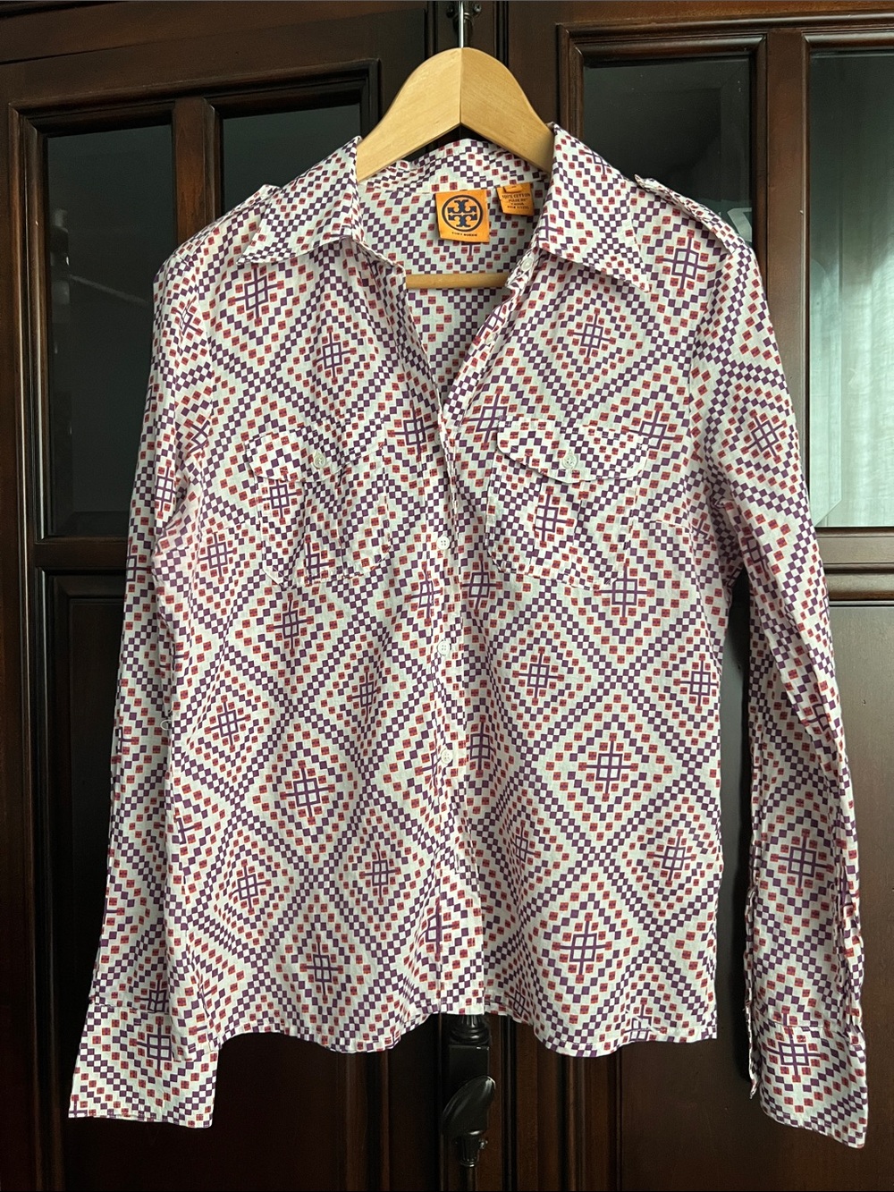 Tory Burch red, purple and white Geometric Button-Down Shirt